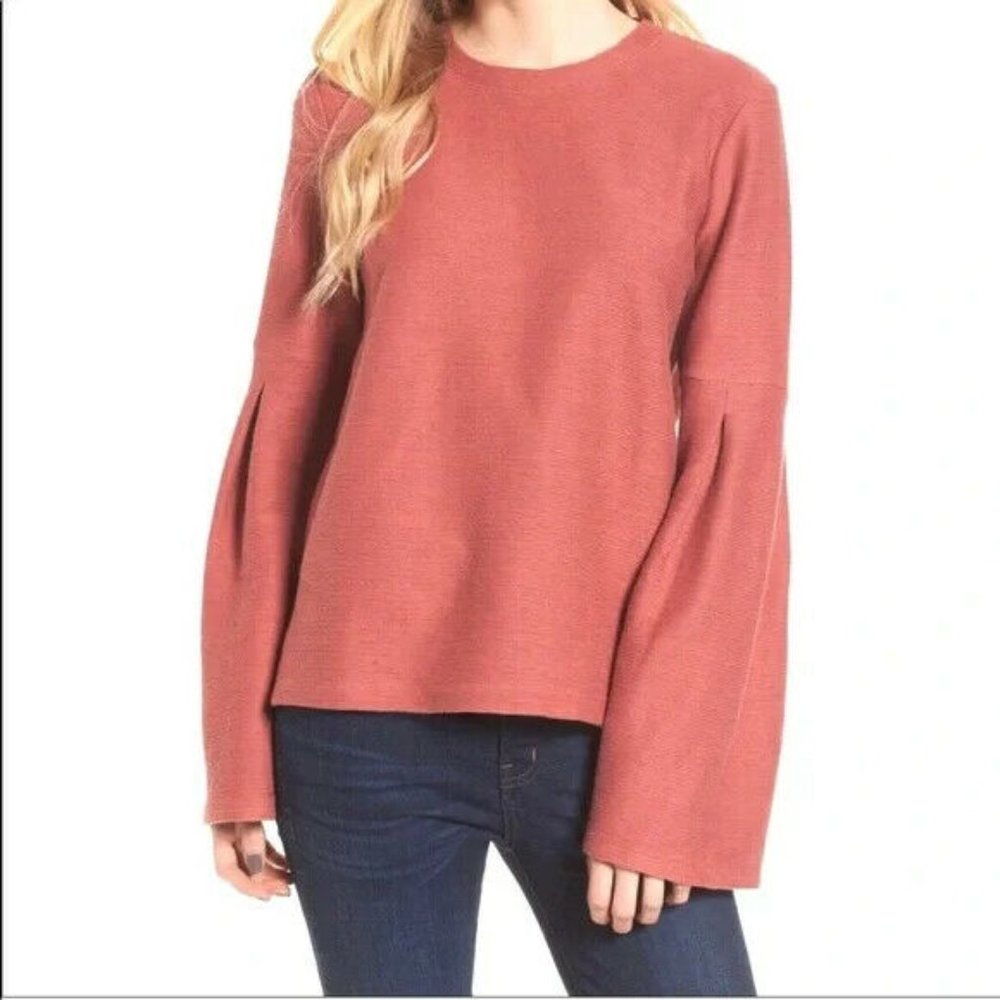 MADEWELL Sweater, Salmon Pink Cotton Balloon Sleeve Side Slit Ribbed Casual, M